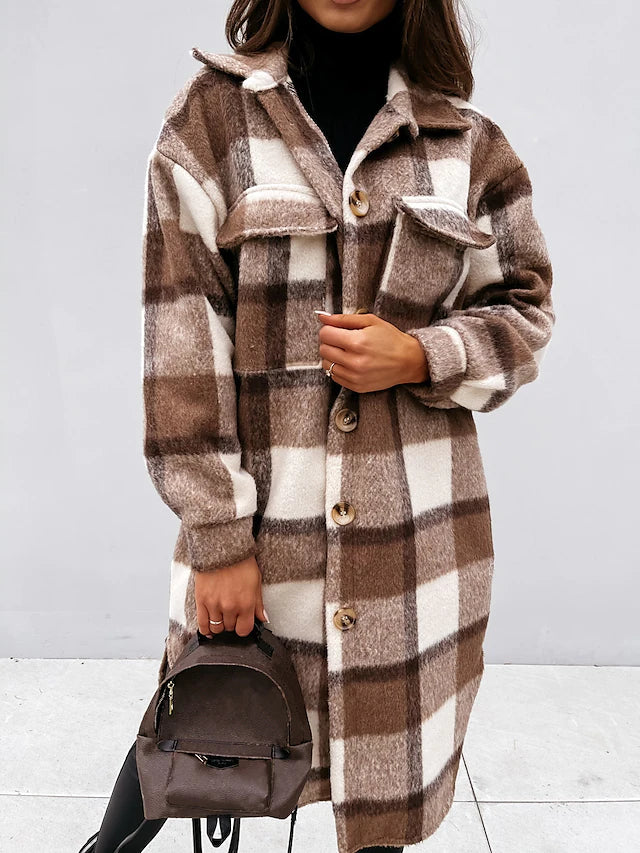 Women's trench coat set head long plaid coat with pockets slim coat