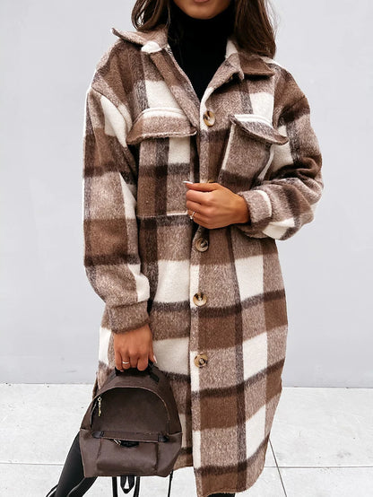 Women's trench coat set head long plaid coat with pockets slim coat