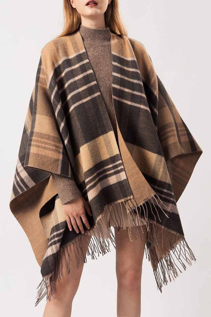 Essential Grid Loose Tassel Shawl Cloak(2 Colors)