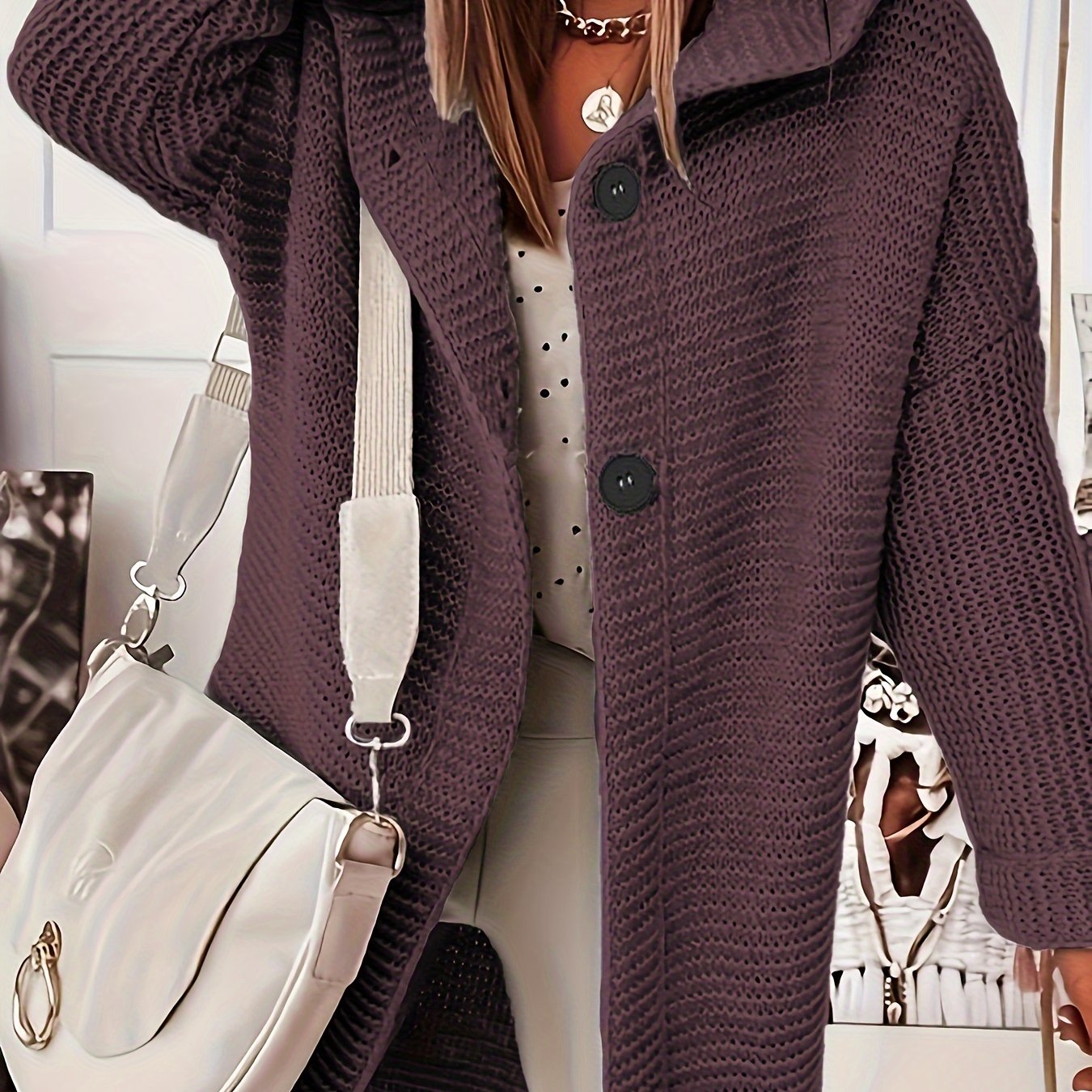 Plus Size Casual Cardigan, Women's Plus Solid Button Up Long Sleeve Hoodie Cardigan