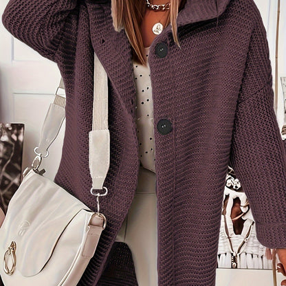 Plus Size Casual Cardigan, Women's Plus Solid Button Up Long Sleeve Hoodie Cardigan