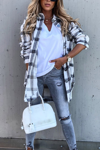 Long Sleeve Plaid Shirt Mid-length Coat