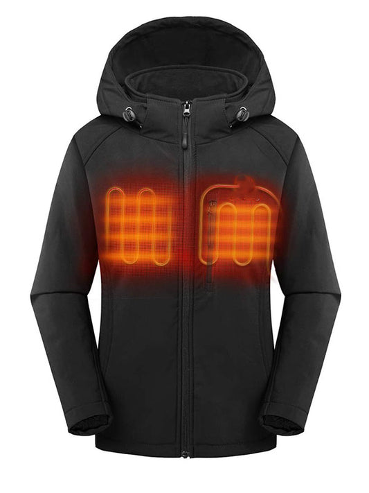 Women's slim-fit thermal jacket with battery pack and detachable hood