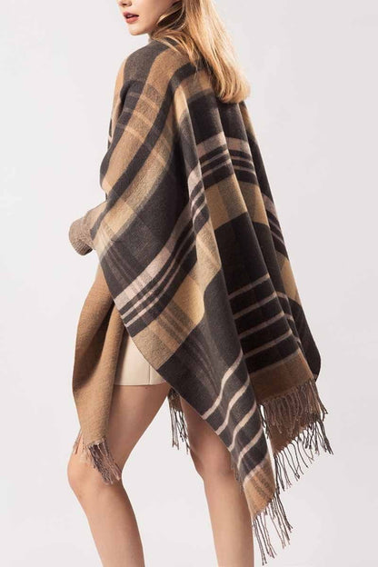 Essential Grid Loose Tassel Shawl Cloak(2 Colors)