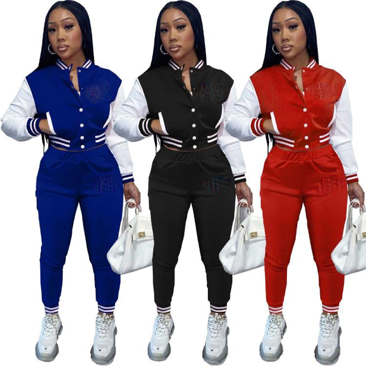 Fall Sports Print Black Baseball Jacket and Sweatpants 2PC Tracksuit