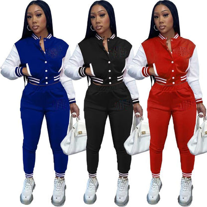 Fall Sports Print Black Baseball Jacket and Sweatpants 2PC Tracksuit
