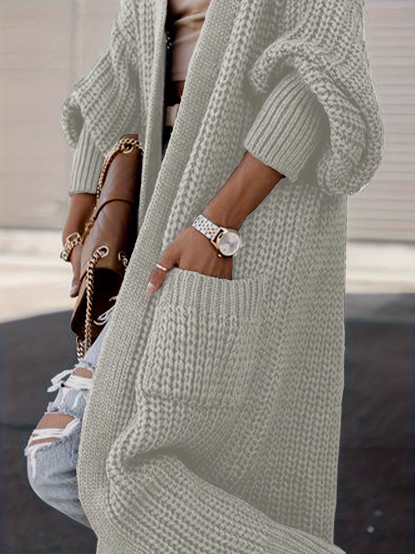 Plus Size Casual Cardigan, Women's Plus Solid Long Sleeve Open Front Cardigan With Pockets