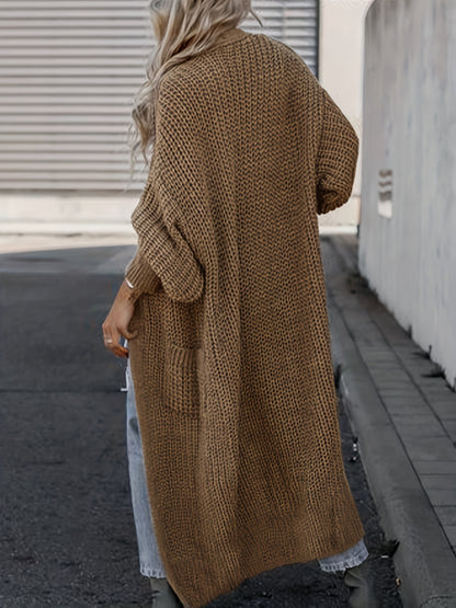 Plus Size Casual Cardigan, Women's Plus Solid Long Sleeve Open Front Cardigan With Pockets