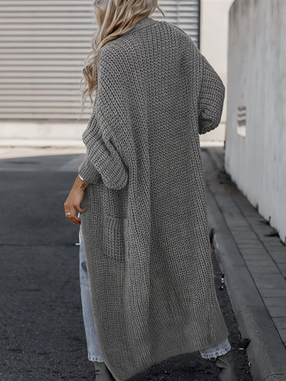 Plus Size Casual Cardigan, Women's Plus Solid Long Sleeve Open Front Cardigan With Pockets