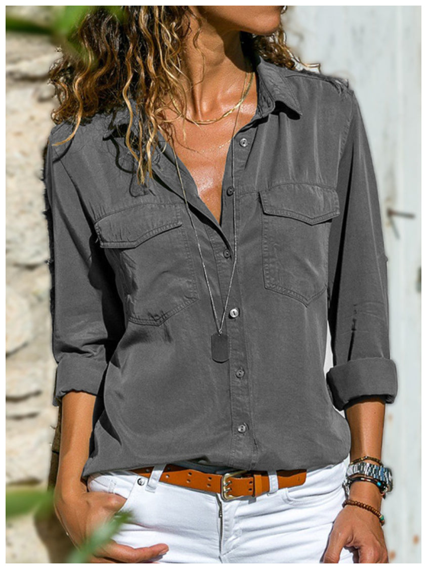 Plain Buttoned Pockets Casual Long Sleeve Shirt