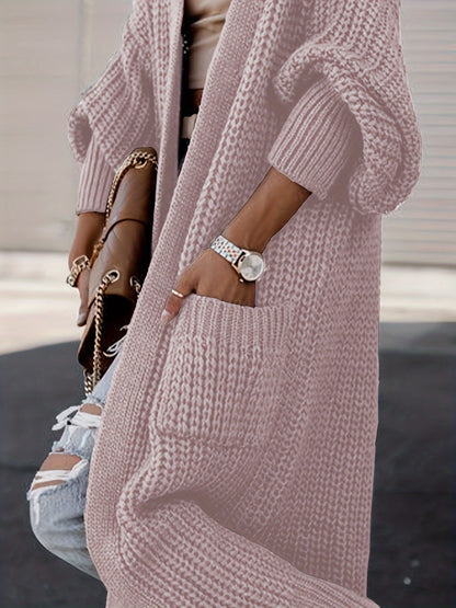 Plus Size Casual Cardigan, Women's Plus Solid Long Sleeve Open Front Cardigan With Pockets