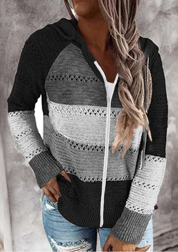 Contrast Color Knitted Zipper Lightweight Tops