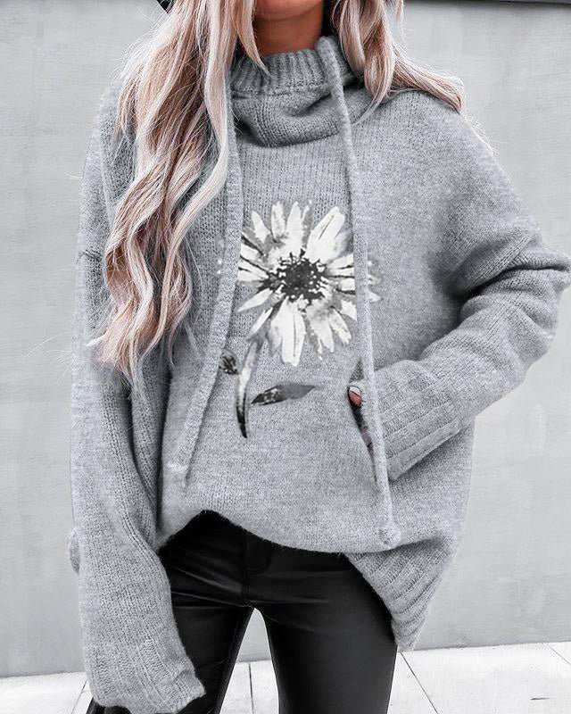 Grey Hoodie Floral Print Sweater
