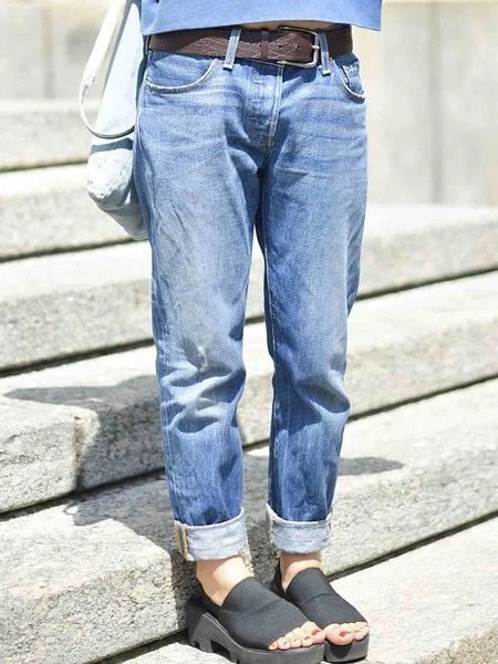Blue Denim Plain Casual Jeans