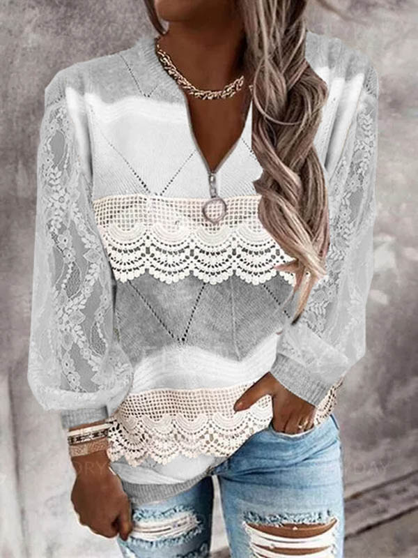 Color block casual zipper lace sleeve top