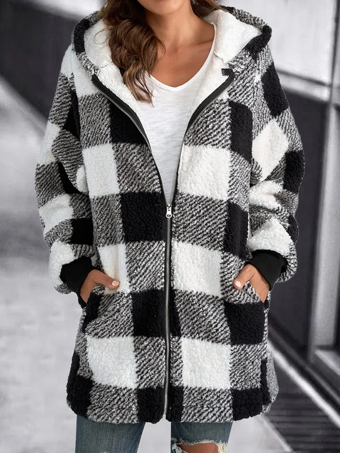 HOODIE PLAID LOOSE OVERCOAT