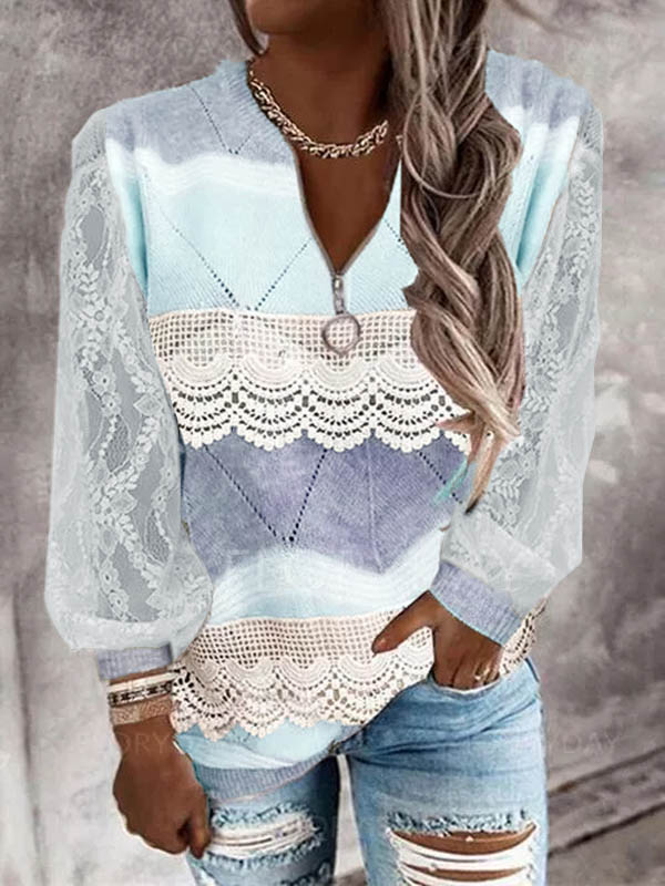 Color block casual zipper lace sleeve top