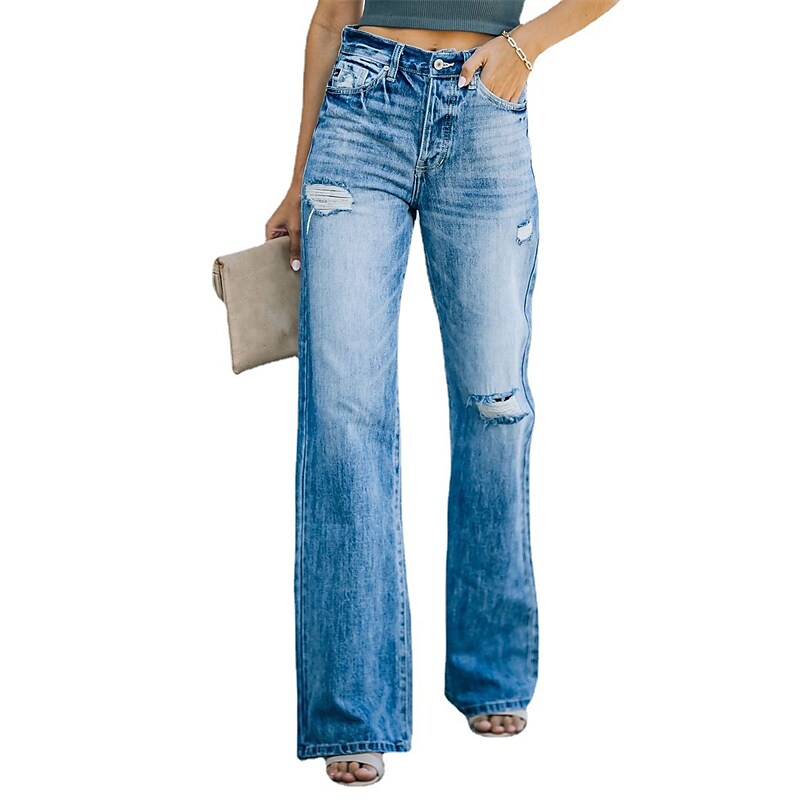 Women's Wide Leg Jeans Flare Leg Ripped Plain Jeans Classic Modern Regular Spring &  Fall Black Blue